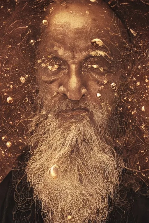 Prompt: portrait of a surreal old man floating in the middle of a gold fluid simulation, Hyper realistic film photography by Yohji Yamamoto, Zeiss 50mm f1.8, Hasselblad, insanely detailed, trending on artstation, sharp focus