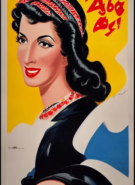 Image similar to beautiful and glamorous arab black-haired woman, 1940s propaganda poster, full hd,highly detailed