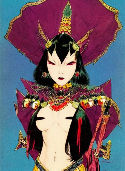 Image similar to mighty female korean vampiress, jeweled headdress, heavy mascara, strong line, saturated color, beautiful! coherent! by frank frazetta, high contrast, minimalism