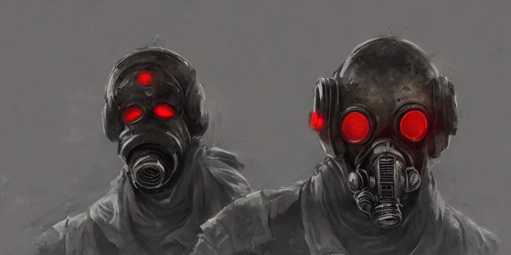 Image similar to buff soviet russian soldier wearing a demonic gasmask with glowing red eyes, concept art, digital portrait, horror, creepy, concept art, military art, dark fantasy art, sci - fi, retrofuturism