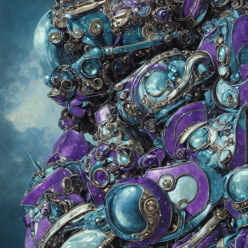 Prompt: a baroque neoclassicist renaissance close - up portrait of a minimalist purple and turquoise iridescent whimsical 1 8 0 0 s japanese mecha gundam marble sculpture, big glowing eyes. reflective detailed textures. gloomy dark black background. highly detailed fantasy science fiction painting by moebius, norman rockwell, frank frazetta, and syd mead. rich colors, high contrast. artstation