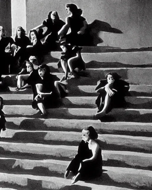 Image similar to a group of women in black dresses sitting on steps, a screenshot m. c. escher and pascal blanche and frank frazetta, behance, vorticism, reimagined by industrial light and magic, movie still, elite