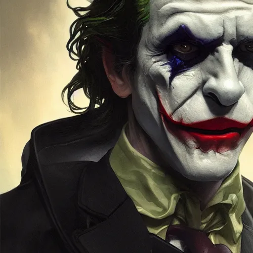 Image similar to [Rossi de Palma as the Joker, closeup, D&D, intricate, elegant, highly detailed, digital painting, artstation, concept art, matte, sharp focus, illustration, art by Artgerm and Greg Rutkowski and Alphonse Mucha]