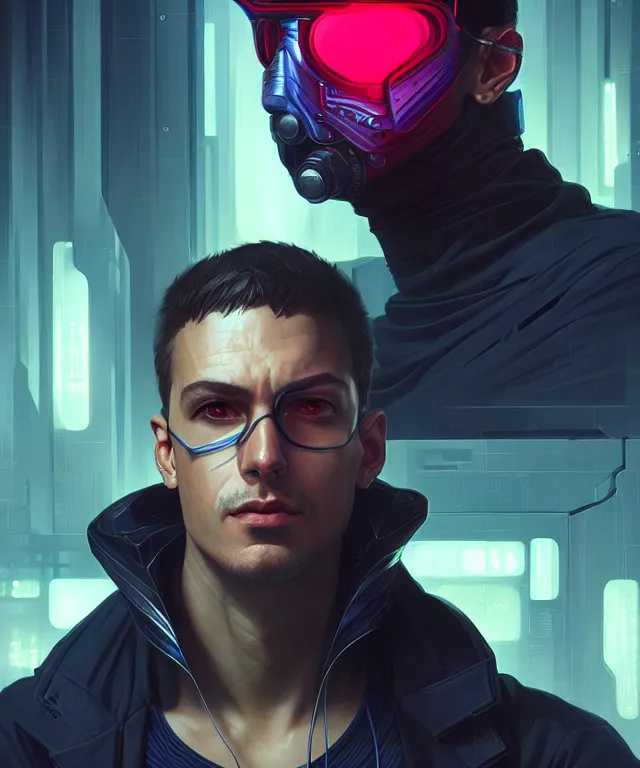 Image similar to Hacker cyberpunk man portrait, highly detailed, digital painting, artstation, concept art, smooth, sharp focus, illustration, art by artgerm and greg rutkowski and alphonse mucha