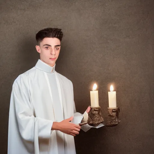 Image similar to attractive kai havertz wearing priest outfit holding large detailed ivory candlestick. natural lighting by photorealistic, portrait. 8 k high definition