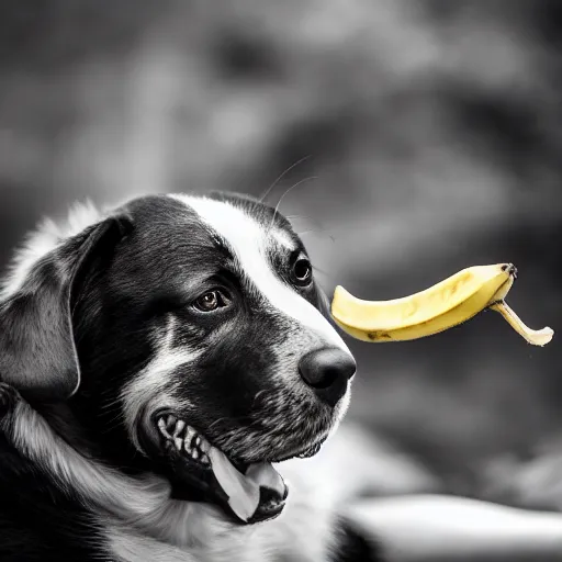 Image similar to A dog eating a banana, (EOS 5DS R, ISO100, f/8, 1/125, 84mm, postprocessed, crisp face, facial features)