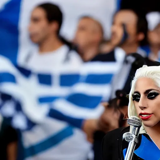 Image similar to Lady Gaga as president, Argentina presidential rally, Argentine flags behind, bokeh, giving a speech, detailed face, Argentina