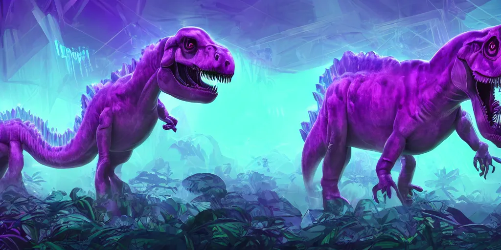Prompt: spectral purple neon ghost dinosaur, green jungle background, detailed, ultrawide landscape, concept art