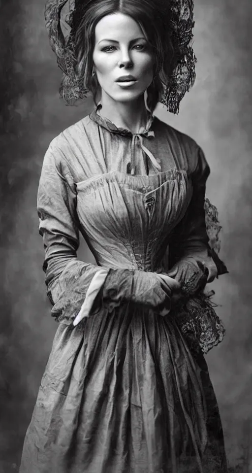 Image similar to digital collodion photograph, a beautiful portrait of Kate Beckinsale dressed in victorian era clothes