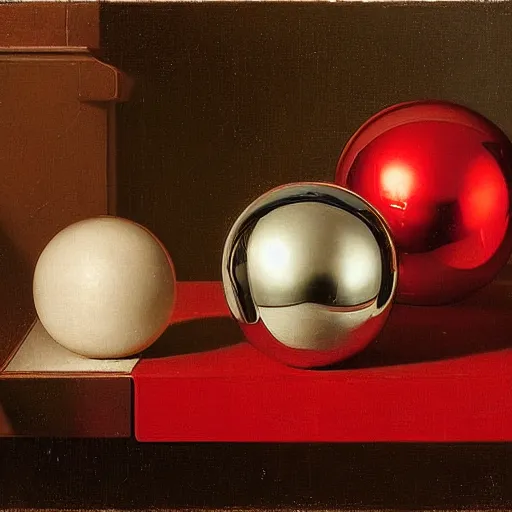 Prompt: chrome spheres on a red cube by pieter claesz