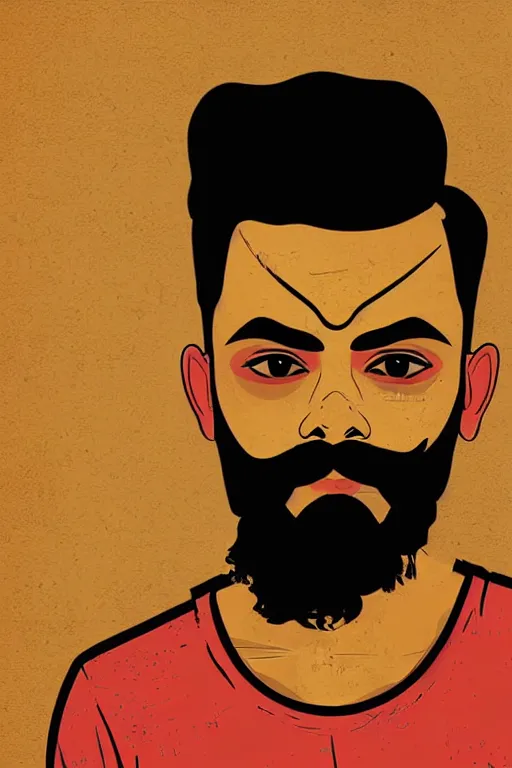 Image similar to portrait of an indian man with moustache and beard like virat kohli, art by butcher billy, sticker, colorful, illustration, highly detailed, simple, smooth and clean vector curves, no jagged lines, vector art, smooth