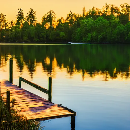 Prompt: a small dock on a quiet green lake, sunset, golden hour, beautiful lighting, peaceful, trees, high quality, high resolution