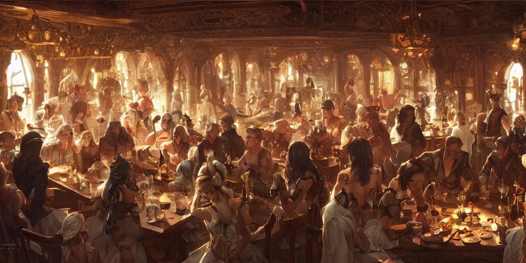 Image similar to a panorama of fantasy characters in a tavern, intricate, highly detailed, digital painting, artstation, smooth, sharp focus, illustration, 8 k, art by artgerm, greg rutkowski