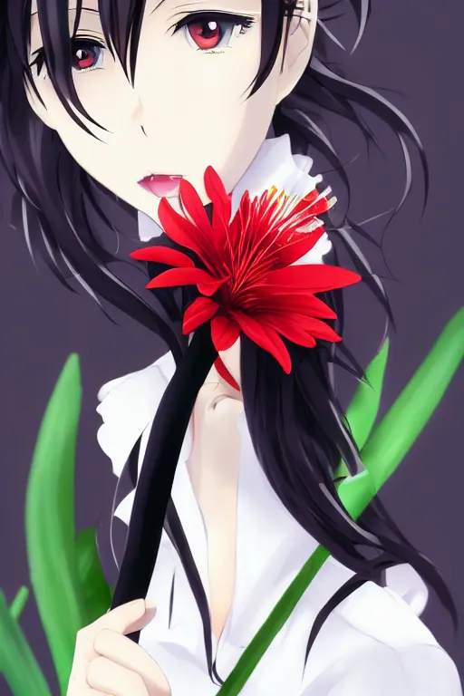 Image similar to Key anime visual of a beautiful girl with black hair and red eyes holding a spider lily; wearing white blouse with black tie; trending on Pixiv; digital art