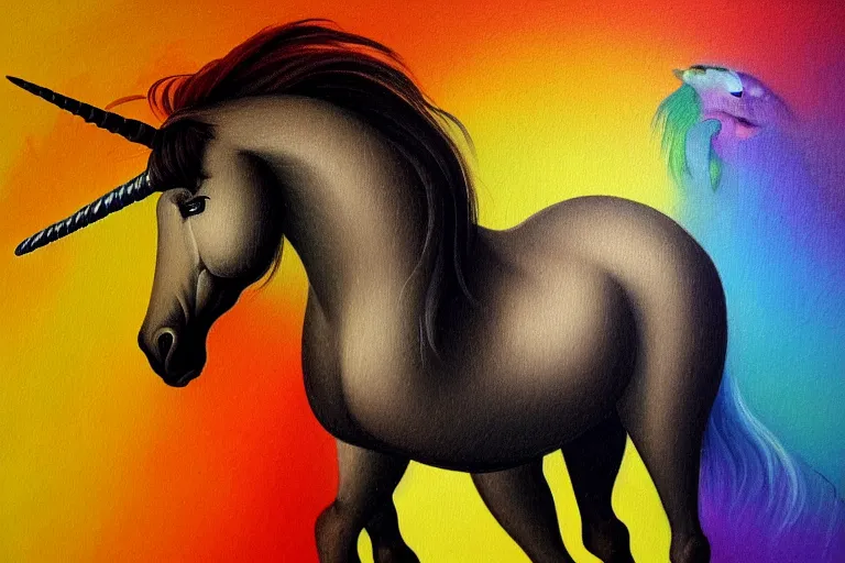 Image similar to detailed traditional painting of a unicorn walking on a rainbow, ( ( rainbow ) ) by caravaggio, authentic, masterpiece, brush strokes, trending on artstation