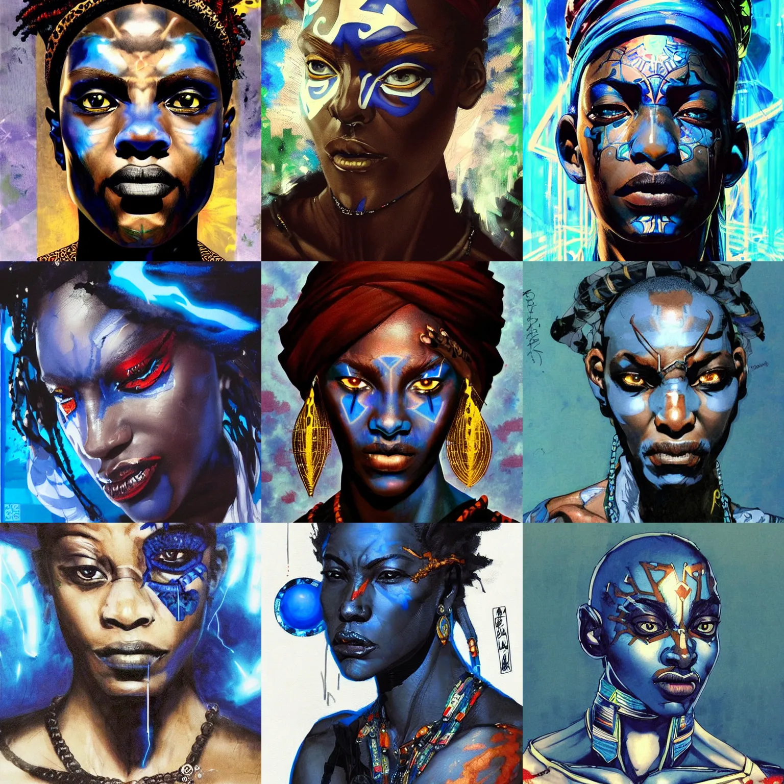 Prompt: a beautiful side portrait of a black african magic seer, fortune teller. blue - glowing eyes, he has a tattoo in his forehead. art by yoji shinkawa and sandra chevrier, trending on artstation, award - winning, perfect composition.