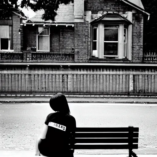 Image similar to a photograph of an emo goth girl sitting on a bench in front of a British house on a hot day, 2006, black hair