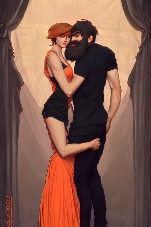 Image similar to bearded young man wearing orange t - shirt and tinfoil hat fastens zipper on beautiful black dress of his spouse before going to exquisite gala art by artgerm and greg rutkowski and charlie bowater and magali villeneuve and alphonse mucha