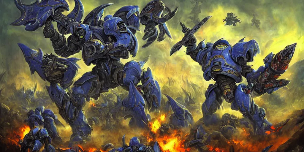 Image similar to zerglings killing the terran soldiers, set in the starcraft universe, in an epic and bloody battle, beautiful painting