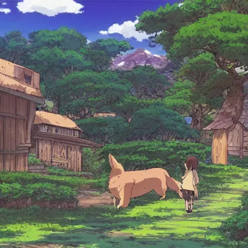 Prompt: landscape anime, studio Ghibli, village, trees, dogs and mountains