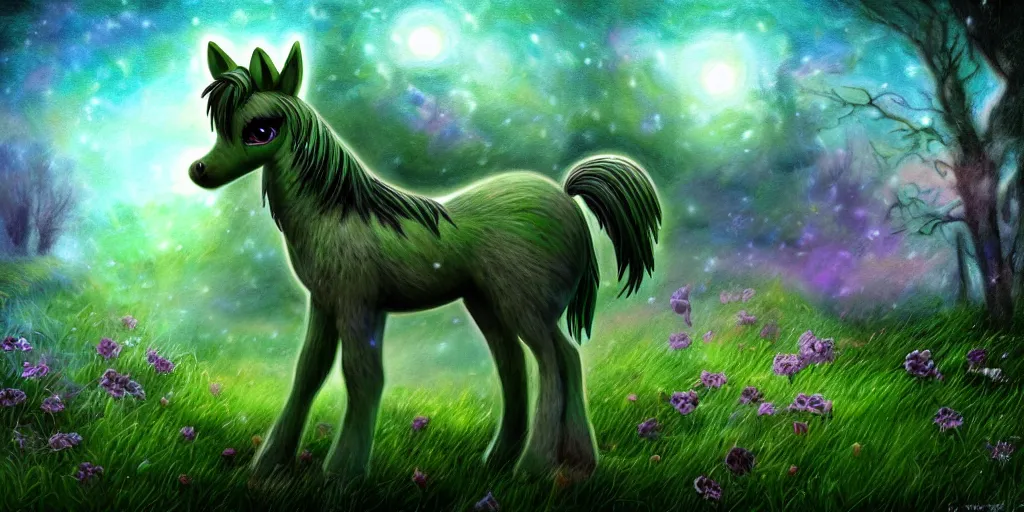 Image similar to 3 d littlest pet shop horse, realistic fur, soft lighting, faery, celtic, spooky, graves, stars, crypt, flowers, storm, blues, greens, teals, dark contrast, spooky, master painter and art style of noel coypel, art of emile eisman - semenowsky, art of edouard bisson