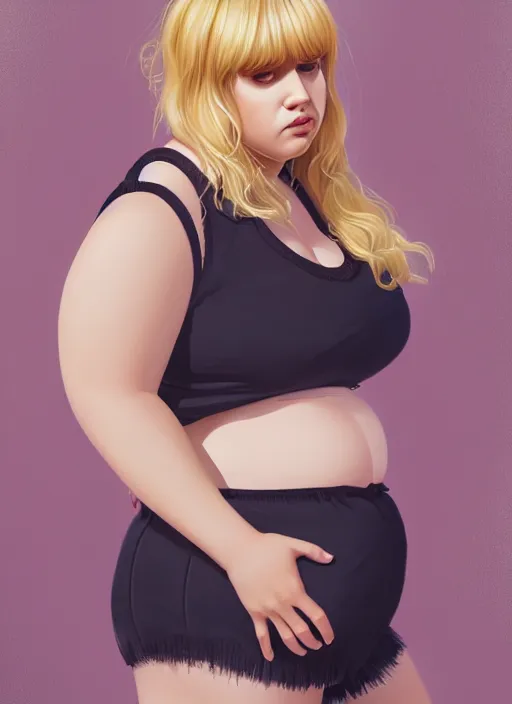 Image similar to full body portrait, teenage betty cooper, blonde hair, obese, bangs, ponytail, sultry, realistic, sultry smirk, fluffy bangs, curly bangs, fat, belly, beautiful girl, intricate, elegant, highly detailed, digital painting, artstation, concept art, smooth, sharp focus, illustration, art by wlop, mars ravelo and greg rutkowski