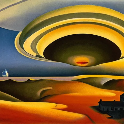 Prompt: painting of mysterious alien saucer hovering over seaside village, 1939, by Thomas Hart Benton