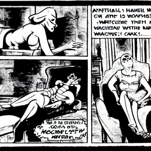 Image similar to comic-book panel of a woman laying back on a chaise lounge with cigarette in her hand while Rorschach from Watchmen asks her psychological questions