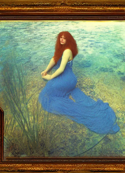Prompt: lady laying under the sea on the seabed amongst the weeds, underwater shot, submerged, medium shot, on the bed of the river preraphaelite colour photography by rosetti and monet, 8 k