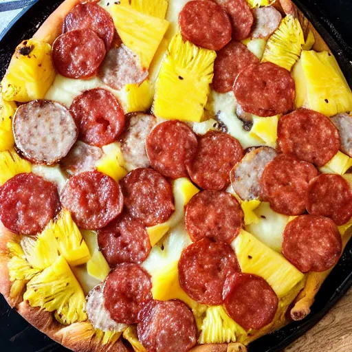 Prompt: a giant slice of pineapple on a pan, covered in pizza toppings, pepperoni, sausages and cheese