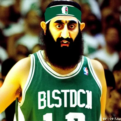 Image similar to facial portrait of osama bin laden shooting free throws, boston celtics jersey, wearing a headband, sweating, focused