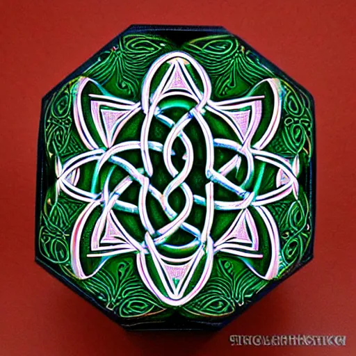 Prompt: ornate psychedelic twisting three dimensional celtic pattern vortex inside a hexagonal box, intricate detail, complex