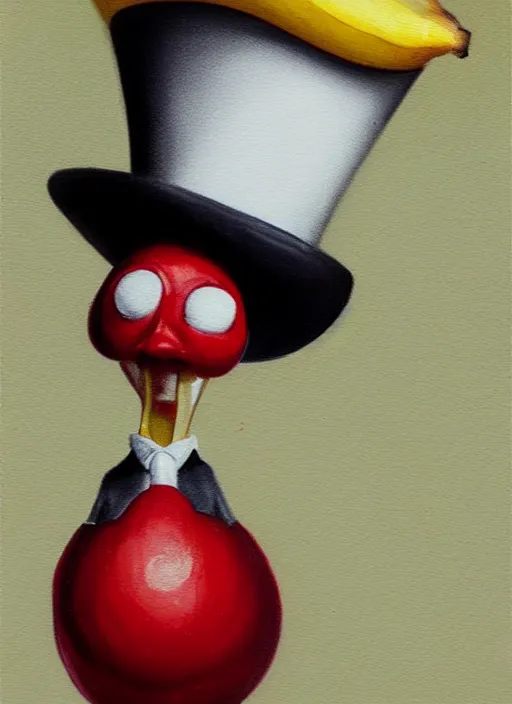 Image similar to hyper realistic painting of an anthropomorphic banana with bloodshot eyes; wearing a white shirt and white top hat; painted by Greg Rukowtski