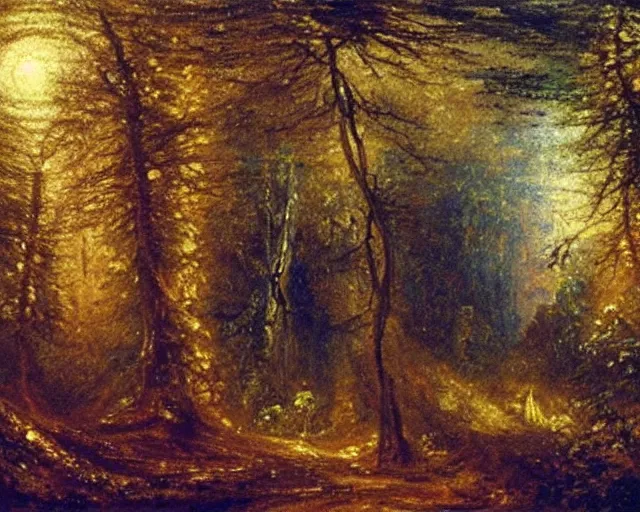 Prompt: an oil painting of a spaceship in a forest, intricate, elegant, highly detailed, turner