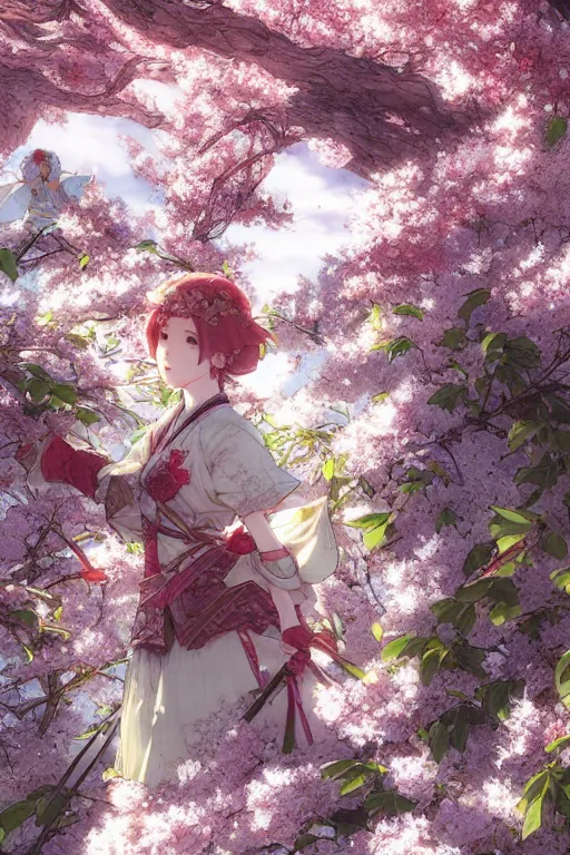 Image similar to the emerald herald under a cherry blossom tree, hidari, color page, tankoban, 4K, tone mapping, Akihiko Yoshida