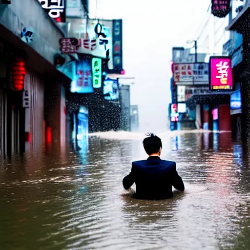 Prompt: seoul city is flooded by heavy rain. A guy with suit is sitting on the top of the A car is middle of the street flooded.