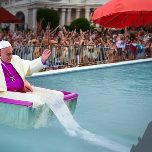 Image similar to the pope on a water slide, professional photography