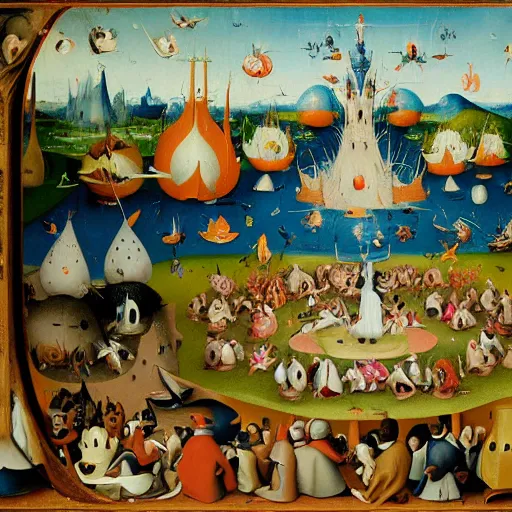 Image similar to donald duck in the garden of earthly delights by hieronymus bosch, hyper detailed, photorealistic.