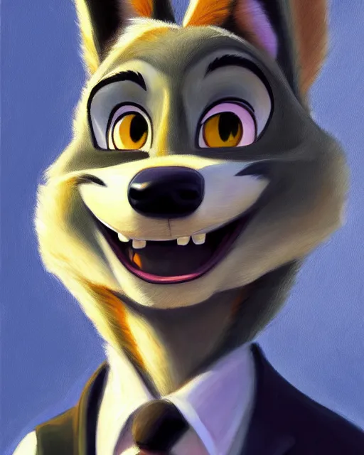 Image similar to oil painting of anthromorphic female wolf, in style of zootopia, female fursona, furry, furaffinity, 4 k, deviantart, furry art, fursona art, wearing black business suit, business suit, wolf fursona, female, very expressive detailed feminine face,