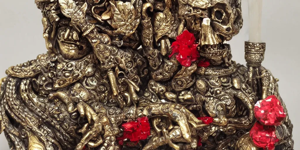 Image similar to intricate statue with gold and silver leafs, skulls, candles and red crystals, by Andres Rios, H 576