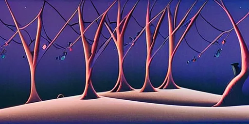 Image similar to twisted night landscape, magical realism, storybook realism, fantasy, by eyvind earle