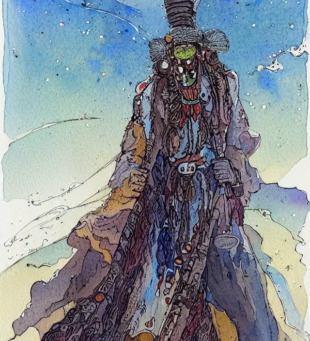 Prompt: a 3 / 4 view watercolor ink painting of an android shaman / wizard wandering desert bringing miracles in the style of jean giraud in the style of moebius trending on artstation deviantart pinterest detailed realistic hd 8 k high resolution