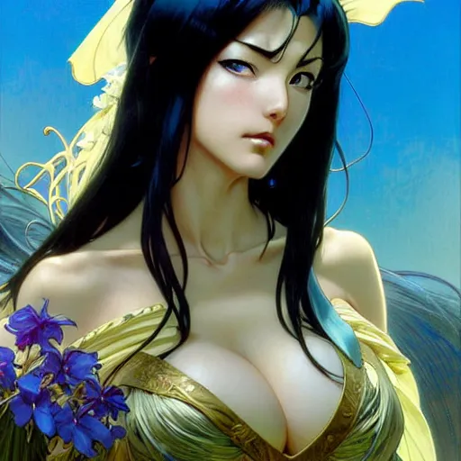 Image similar to highly detailed vfx portrait of nico robin by eiichiro oda!, makoto shinkai, alphonse mucha, msterpriece, art by artgerm and greg rutkowski!, blue eyes!!, large aquiline nose!!, gaston bussiere, stanley kubrick, kaoru mori, intricately detailed, behance, 4 k, hdr