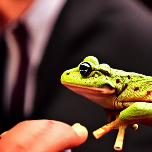 Image similar to a high detail closeup photograph of a 🐸 wearing a suit 👔,and smoking a cigarrette🚬, award wining photograph