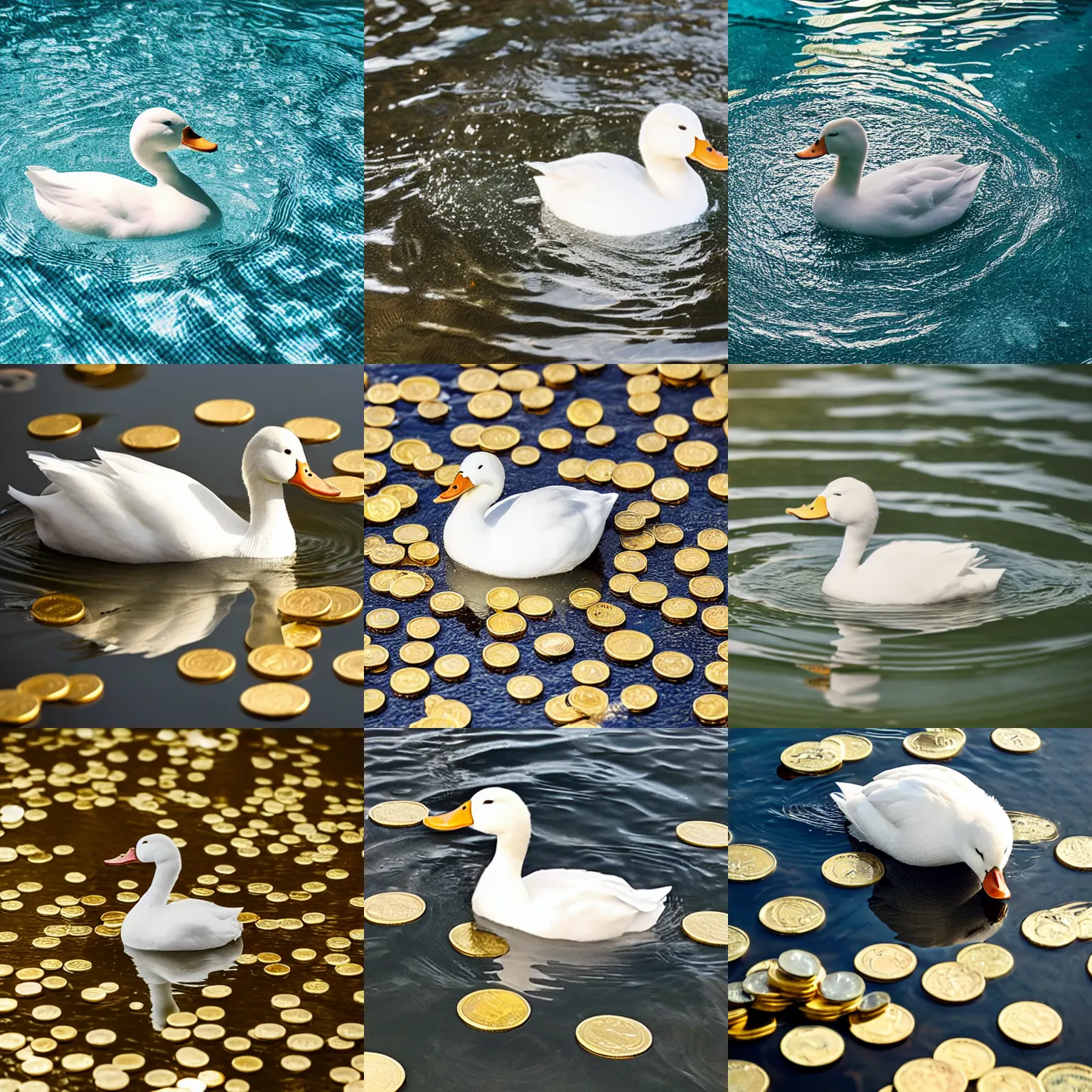 Prompt: photo of a white duck swimming in a pool of gold coins