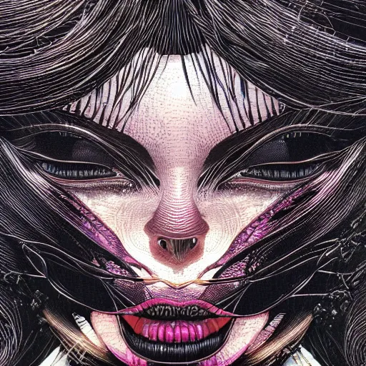 Image similar to portrait closeup of screaming black reflective glossy dark woman, sensual pose, symmetrical, glitches, snakes, by yoichi hatakenaka, masamune shirow, josan gonzales and dan mumford, ayami kojima, takato yamamoto, barclay shaw, karol bak, yukito kishiro, moebius