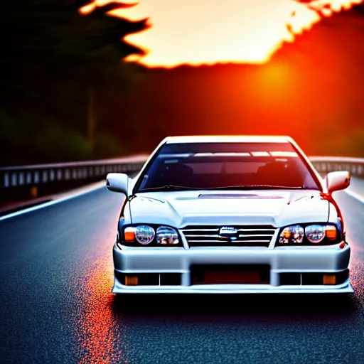 Image similar to a car drifting Toyota JZX100 in middle of road, gunma prefecture, city sunset, cinematic color, photorealistic, highly detailed, bokeh