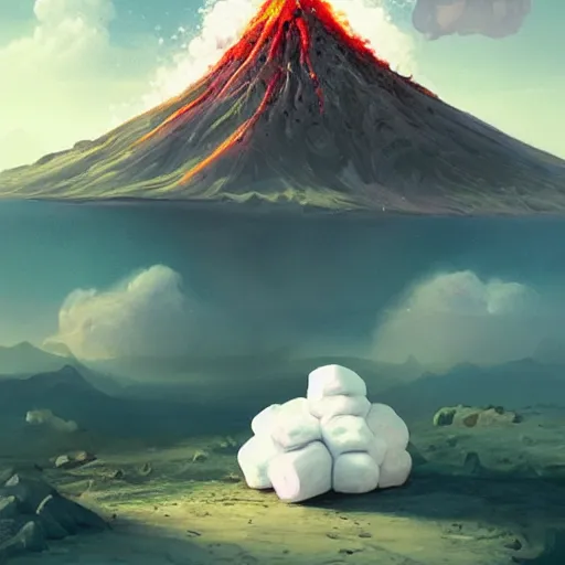 Image similar to a volcano erupting marshmallows on an island, highly detailed, concept art, art by wlop and artgerm and greg rutkowski, masterpiece, trending on artstation, 8 k