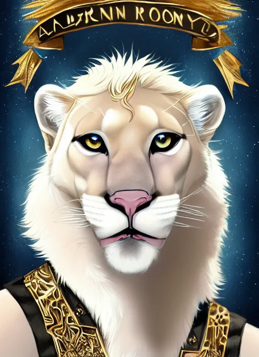 Prompt: award winning beautiful portrait commission of a male furry anthro albino mountain lion with a beautiful hyperdetailed attractive outfit and face wearing a gold and black rockstar outfit singing into a microphone on a stage. Character design by charlie bowater, ross tran, and makoto shinkai, detailed, inked, western comic book art