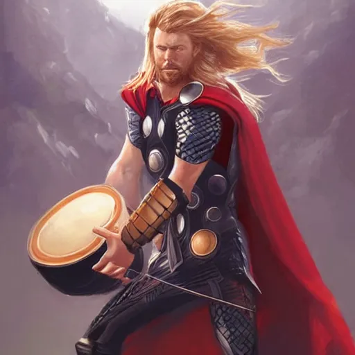 Prompt: thor playing the bongos, comic style by guweiz and stanley artgerm, extremely high quality artwork, very detailed, trending on artstation